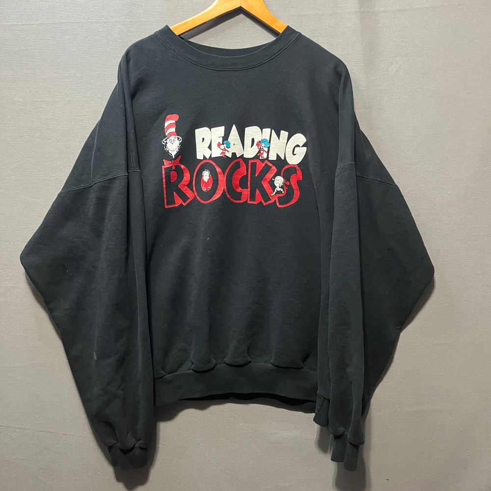 Hanes Dr Seuss Reading Rocks Sweatshirt Black Crewneck Cat in the Hat XL 2XL